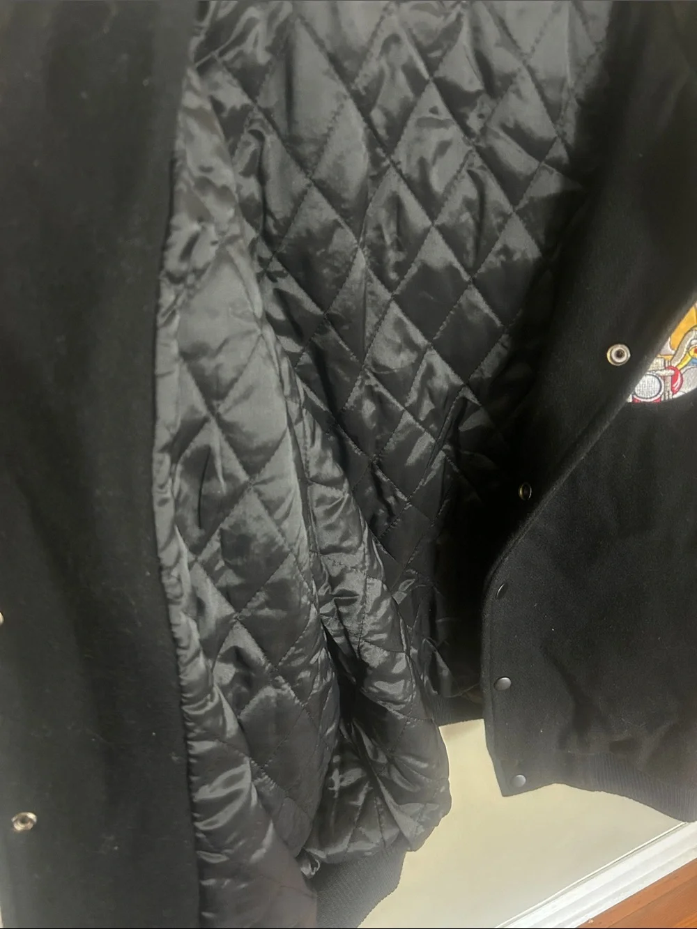 Vintage Black M&M Varsity Bomber Jacket with Colorful Logo